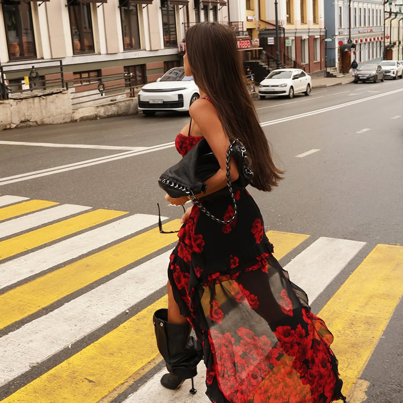 Rose Print Strapless Asymmetric Hem Tulle Evening Gown with Train – Romantic Formal Dress