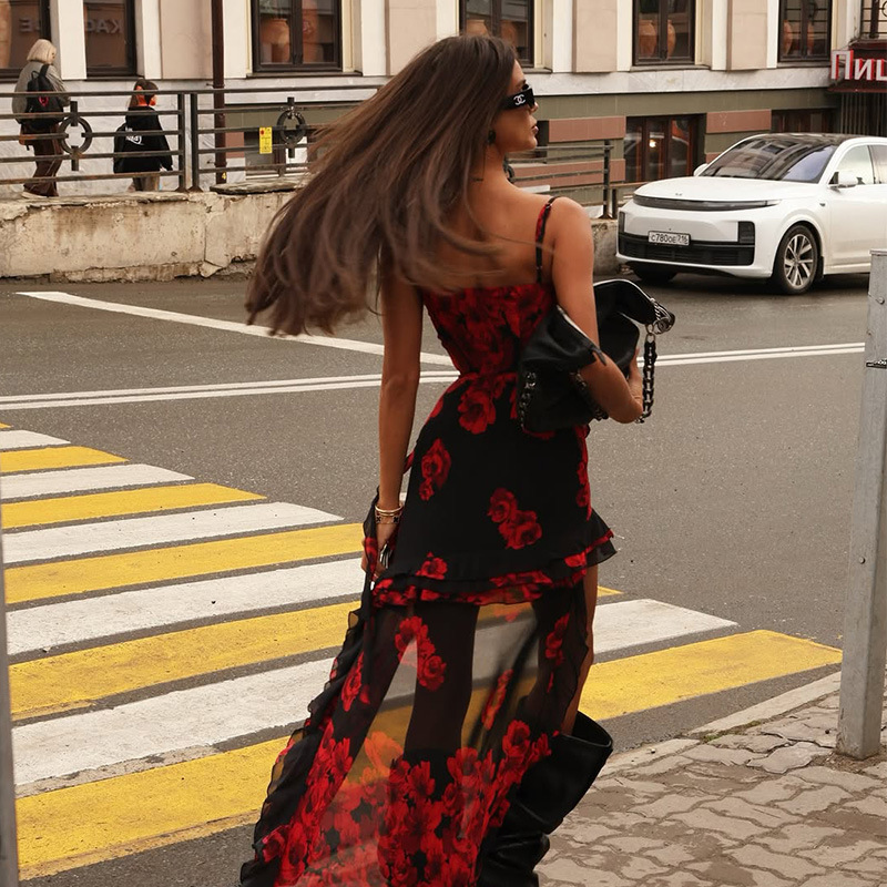 Rose Print Strapless Asymmetric Hem Tulle Evening Gown with Train – Romantic Formal Dress