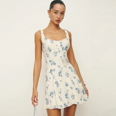 Trendy Floral Print Spaghetti Strap Square Neck Backless A-Line Mini Dress – Sweet & Feminine Summer Dress 01