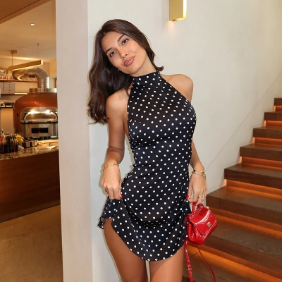 Halter Backless A-Line Bodycon Dress with Polka Dot Print – Sweet & Seductive Style 01