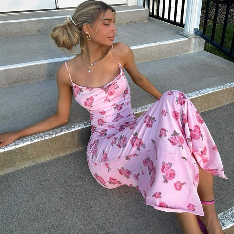 Sexy V-Neck Pink Floral Print Bodycon Strap Long Midi Dress – Sweet & Feminine Summer Dress
