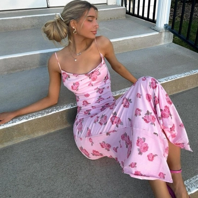 Sexy V-Neck Pink Floral Print Bodycon Strap Long Midi Dress – Sweet & Feminine Summer Dress 01