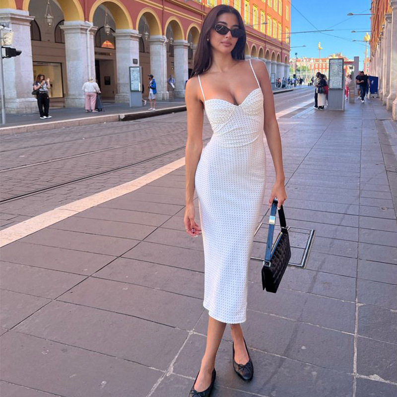 Simple Polka Dot Print Strapless Spaghetti Strap Bodycon Midi Dress – Pure & Seductive Style