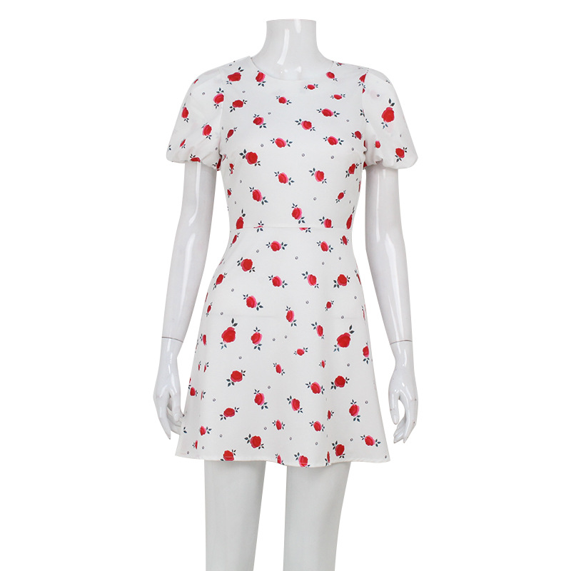 Sweet Puff Sleeve Floral Print High Waist A-Line Mini Dress – Lightweight Women’s Spring Summer Dress for Casual & Date Wear