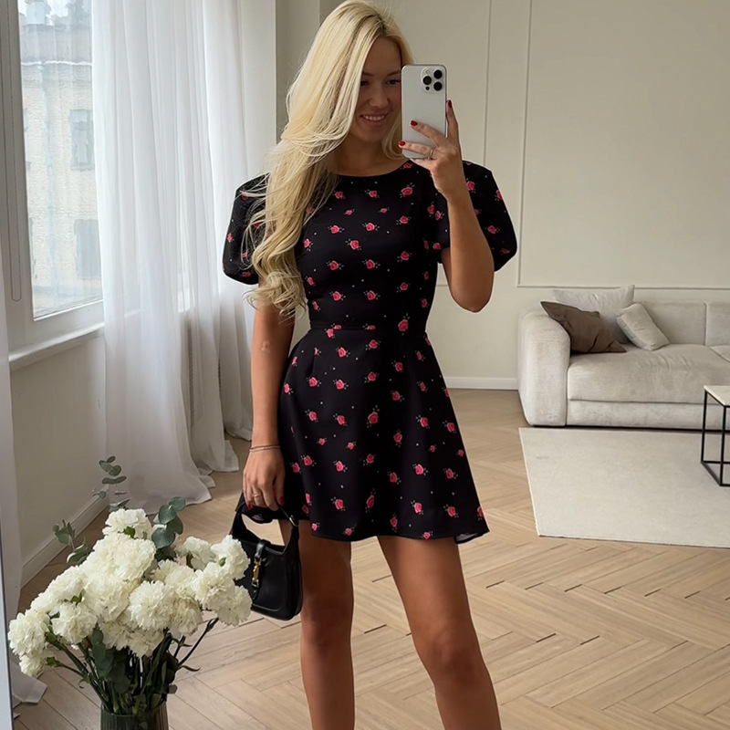 Sweet Puff Sleeve Floral Print High Waist A-Line Mini Dress – Lightweight Women’s Spring Summer Dress for Casual & Date Wear