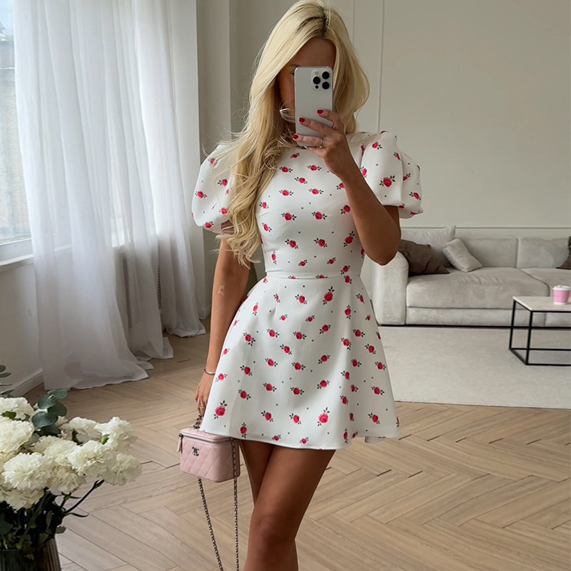 Sweet Puff Sleeve Floral Print High Waist A-Line Mini Dress – Lightweight Women’s Spring Summer Dress for Casual & Date Wear