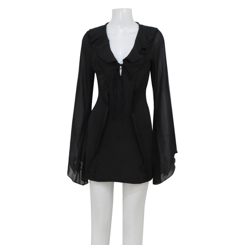 Deep V Neck Tie Sleeve Midi Dress with Ruffle Trim – Solid Color Slimming Fit Mini Dress for Party, Date, Club