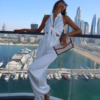 French Style Sleeveless Lapel Tie Blouse with High-Waist Pants, Premium Satin Business Suit for Office, Meetings, Formal Events 02