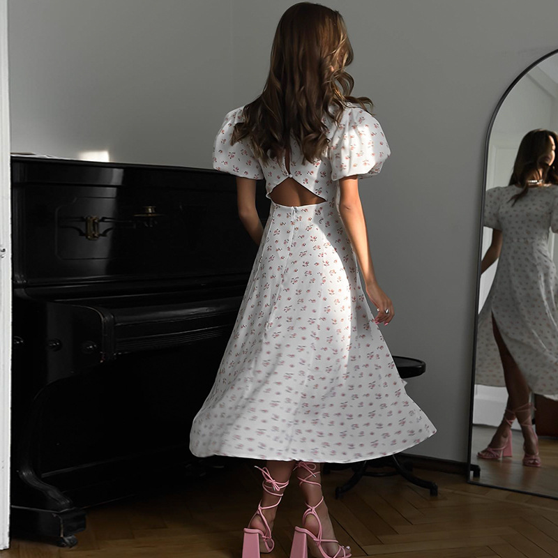 French Style Round Neck Floral Midi Dress with Puff Sleeves, Backless & Side Slit Design, Sweet & Elegant Long Dress for Casual, Date, Vacation
