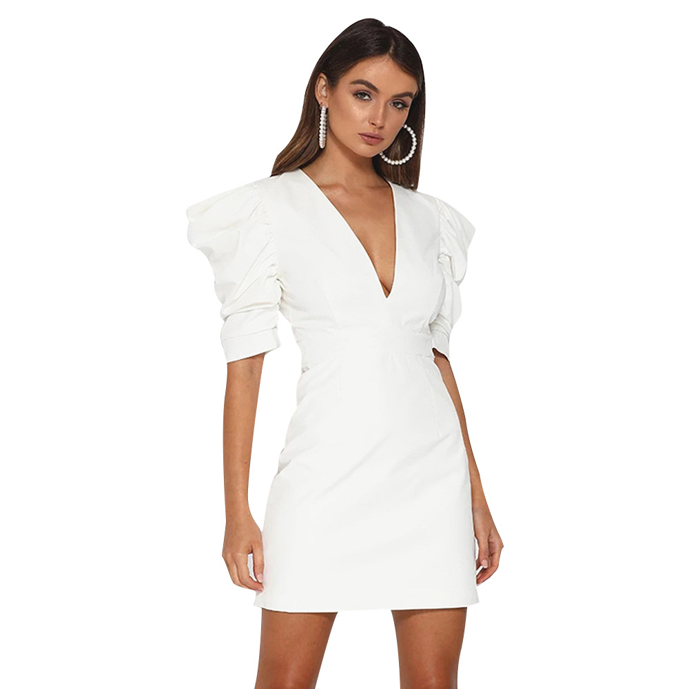 French Vintage Mid-Sleeve White Deep V High Waist Backless Puff Sleeve Office Dress – Elegant Business & Date Midi Skirt Dress for Women