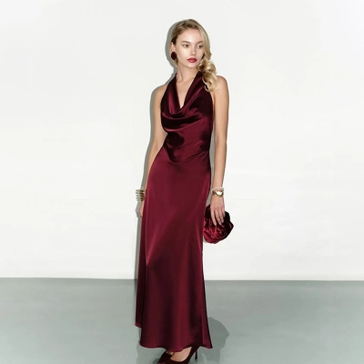 Deep V Halter Neck Red Satin Bodycon Dress with Open Back – Elegant & Sexy Evening Gown for Party, Gala, Red Carpet 01