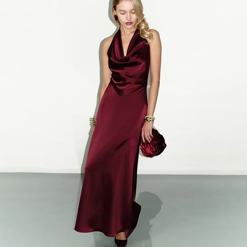 Deep V Halter Neck Red Satin Bodycon Dress with Open Back – Elegant & Sexy Evening Gown for Party, Gala, Red Carpet