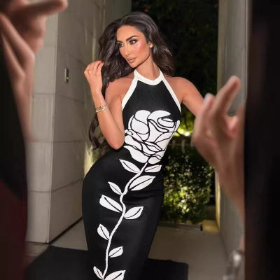 Sexy Sleeveless Halter Neck Print Midi Dress – Slimming Fit Bodycon Long Dress for Women, Perfect for Party, Date & Casual Wear 01