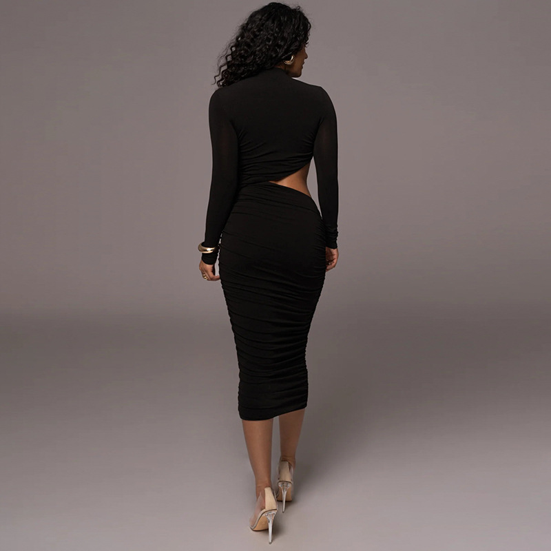 Long Sleeve Sexy Sheer Ruffle Bodycon Midi Dress – Solid Color Elegant Evening Gown for Party, Wedding, Cocktail