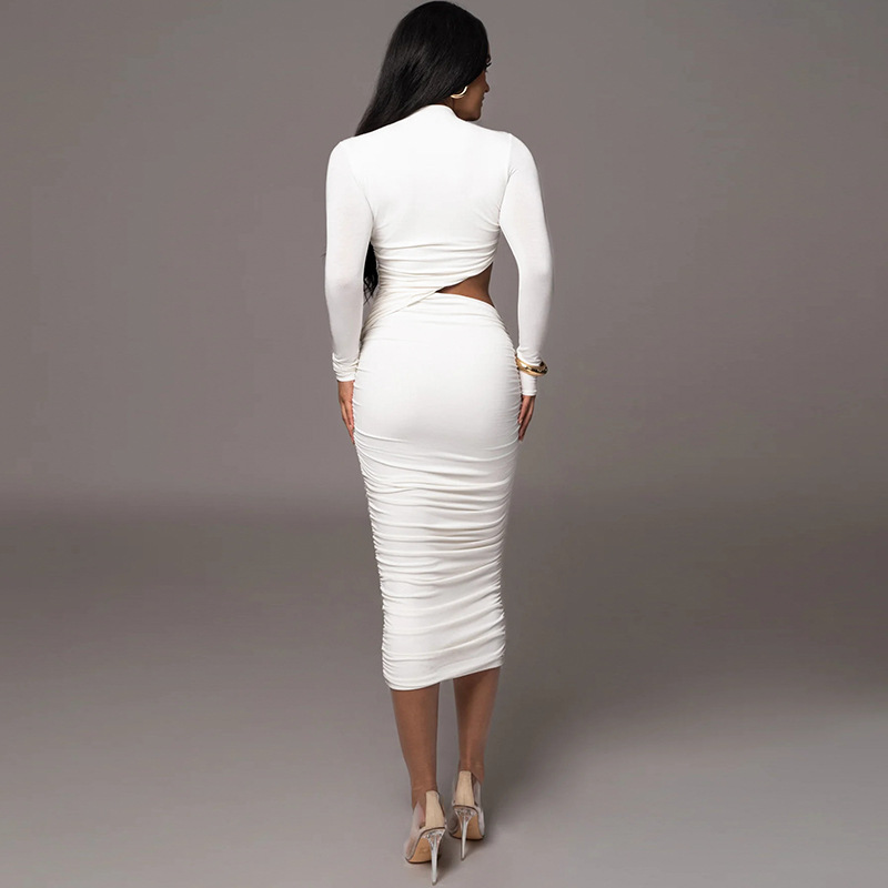 Long Sleeve Sexy Sheer Ruffle Bodycon Midi Dress – Solid Color Elegant Evening Gown for Party, Wedding, Cocktail