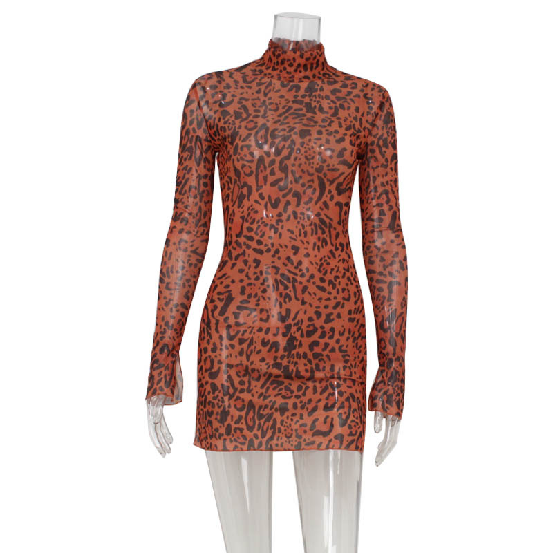 Sexy Leopard Print Mesh Long Sleeve Crop Top & Bodycon Mini Skirt Set – Trendy Outfit for Women, Perfect for Club, Party & Night Out