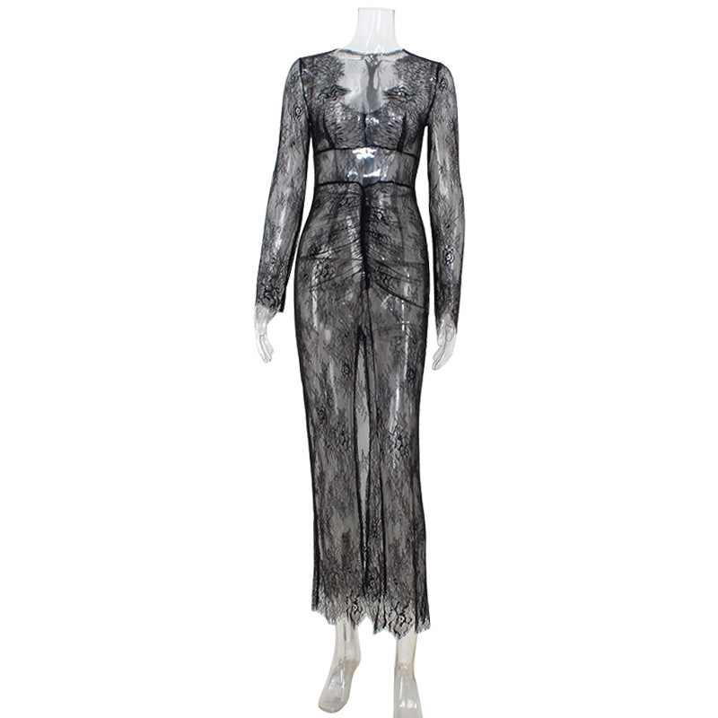 Lace Sheer Sexy Mature Style V-Neck Bodycon Dress – Trendy Tight Fit Dress for Party, Club, Night Out