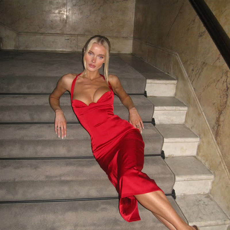 Red Satin Strapless Halter Midi Dress with Open Back – Elegant Evening Gown for Party, Red Carpet, Gala