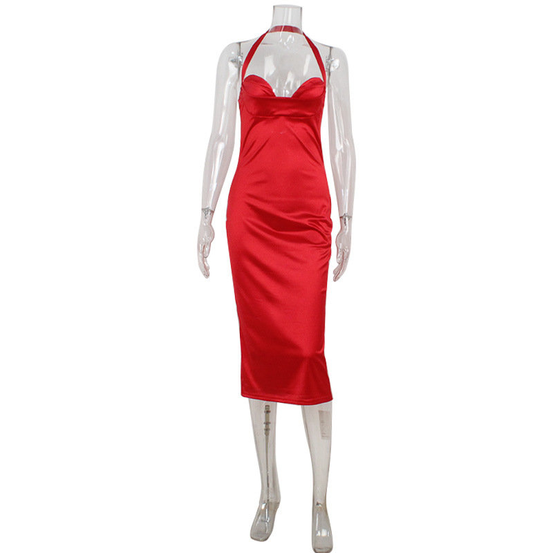 Red Satin Strapless Halter Midi Dress with Open Back – Elegant Evening Gown for Party, Red Carpet, Gala