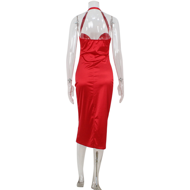 Red Satin Strapless Halter Midi Dress with Open Back – Elegant Evening Gown for Party, Red Carpet, Gala