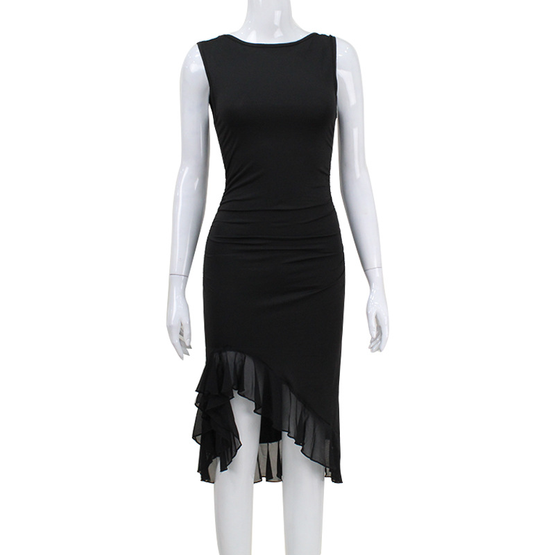 Round Neck Sleeveless Waist-Cut Bodycon Dress with Sheer Mesh Panel & Open Back – Pure & Seductive Style for Party, Date, Evening