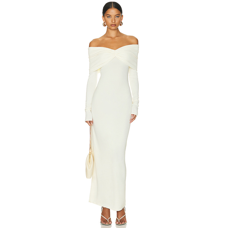 Solid Color French Style Off-Shoulder Long Sleeve Midi Dress with Ruched Detail – Elegant & Sexy Women’s Dress for Spring & Autumn