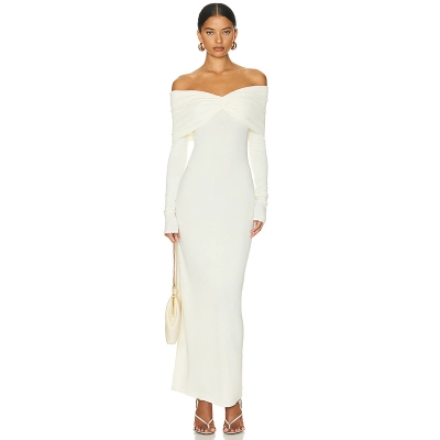 Solid Color French Style Off-Shoulder Long Sleeve Midi Dress with Ruched Detail – Elegant & Sexy Women’s Dress for Spring & Autumn 01