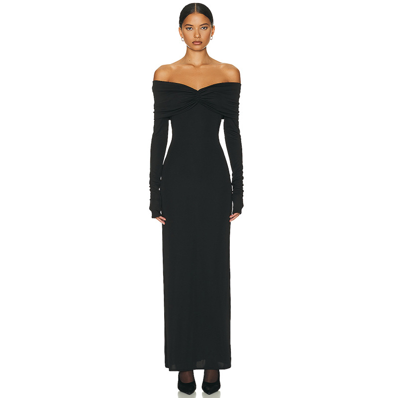 Solid Color French Style Off-Shoulder Long Sleeve Midi Dress with Ruched Detail – Elegant & Sexy Women’s Dress for Spring & Autumn
