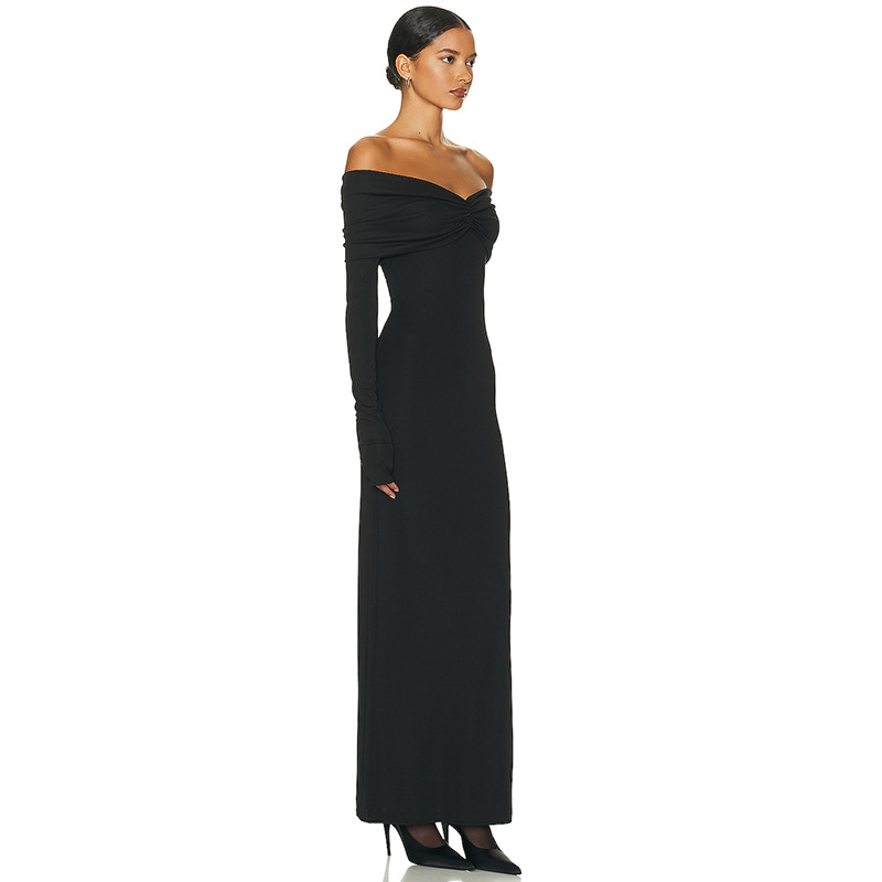 Solid Color French Style Off-Shoulder Long Sleeve Midi Dress with Ruched Detail – Elegant & Sexy Women’s Dress for Spring & Autumn