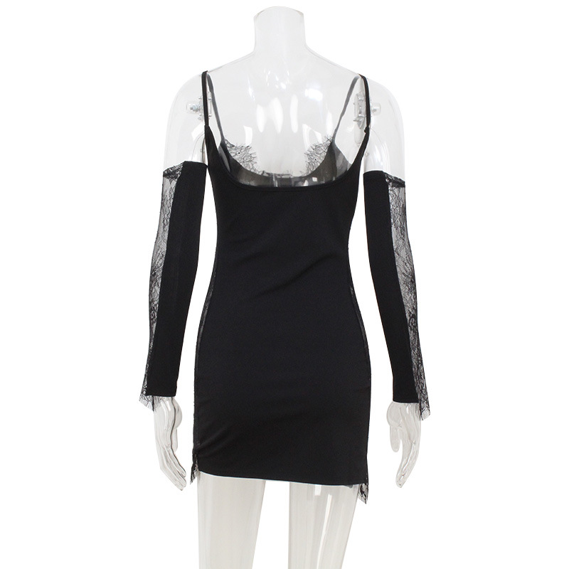 Sexy Lace Trim Bodycon Strap Dress with Sleeve Cuffs – Seductive Lingerie Style Outfit for Night, Date & Party Wear