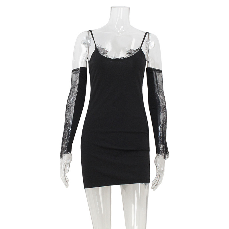 Sexy Lace Trim Bodycon Strap Dress with Sleeve Cuffs – Seductive Lingerie Style Outfit for Night, Date & Party Wear