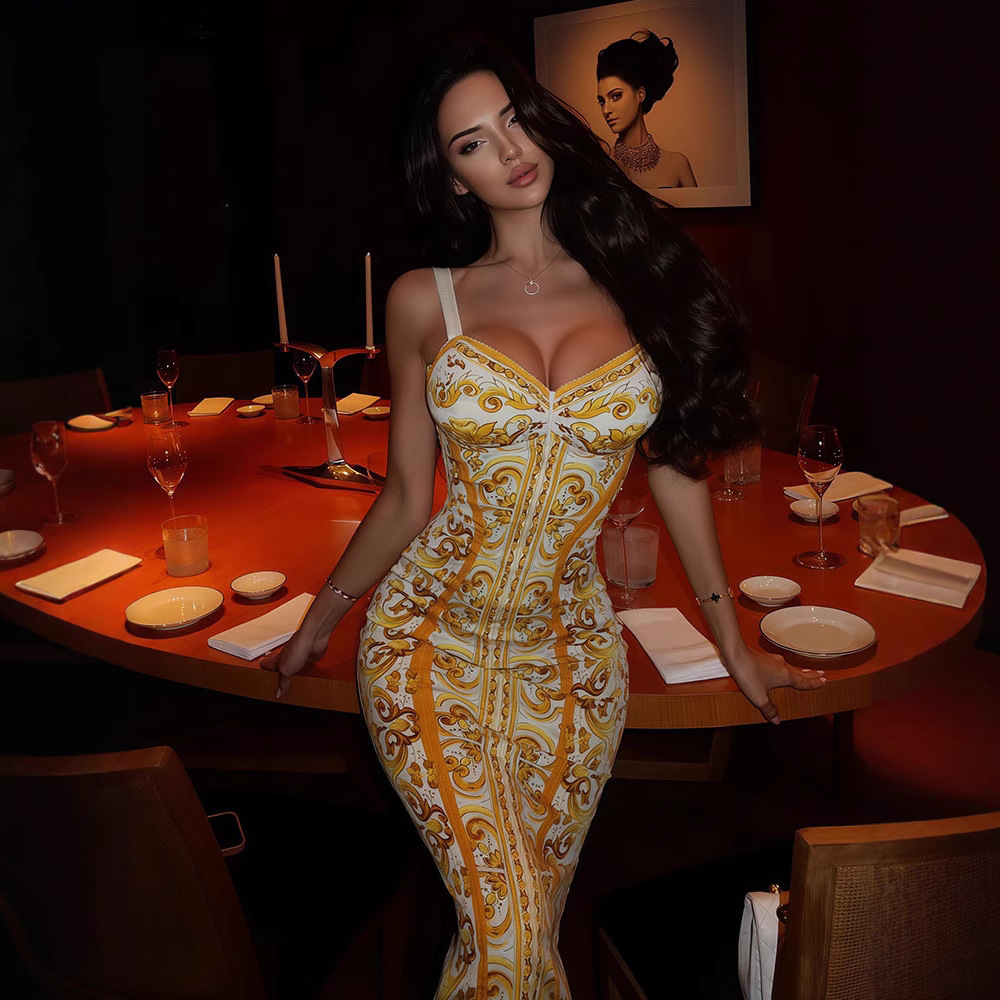 V-Neck Printed Bodycon Strapless Midi Dress – Sexy Style Slimming Fit Dress for Party, Date, Night Outc