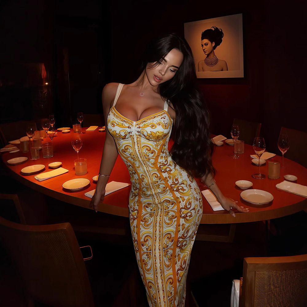 V-Neck Printed Bodycon Strapless Midi Dress – Sexy Style Slimming Fit Dress for Party, Date, Night Outc