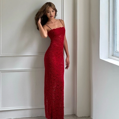 French Chic Elegant Red Lace Sleeveless Strapless Midi Dress, Bodycon & Sexy Backless Evening Party Gown for Wedding, Date, Cocktail 01