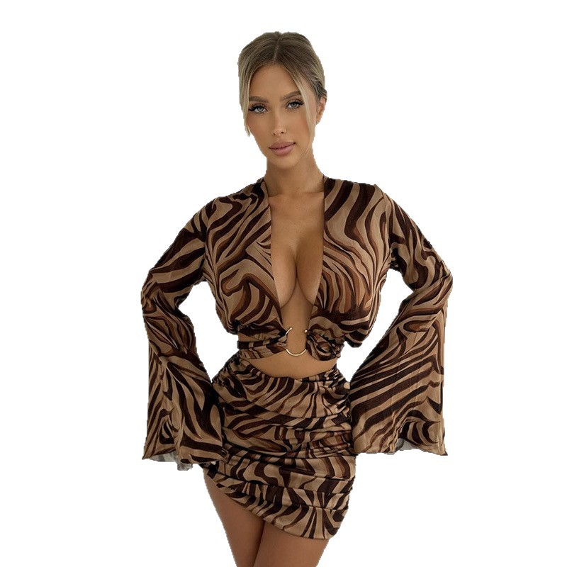 Sexy Flared Sleeve Cardigan & Bodycon Mini Skirt Set – Trendy Print Outfit for Women, Perfect for Party, Date, Club