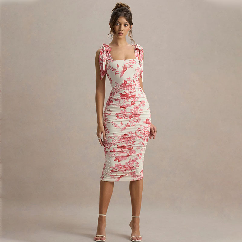 Sweet Floral Print Bodycon Strapless Midi Dress with Tie Back – Flattering Slimming Fit Dress for Women