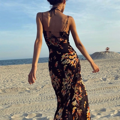 Vintage Print Strapless Maxi Dress with Ruffle Neckline, Sexy Beach Vacation Midi Dress for Summer, Resort, Pool Party 02