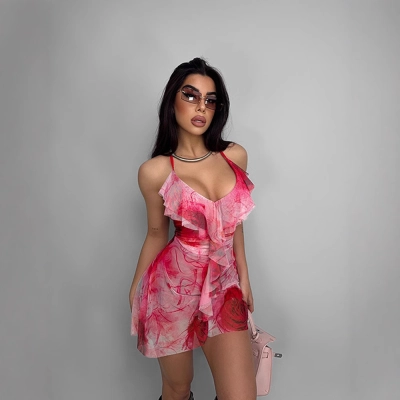 Summer Beach Vacation Floral Print Sleeveless High Waist A-Line Mesh Dress with Ruffles – Women’s Resort & Holiday Outfit 01