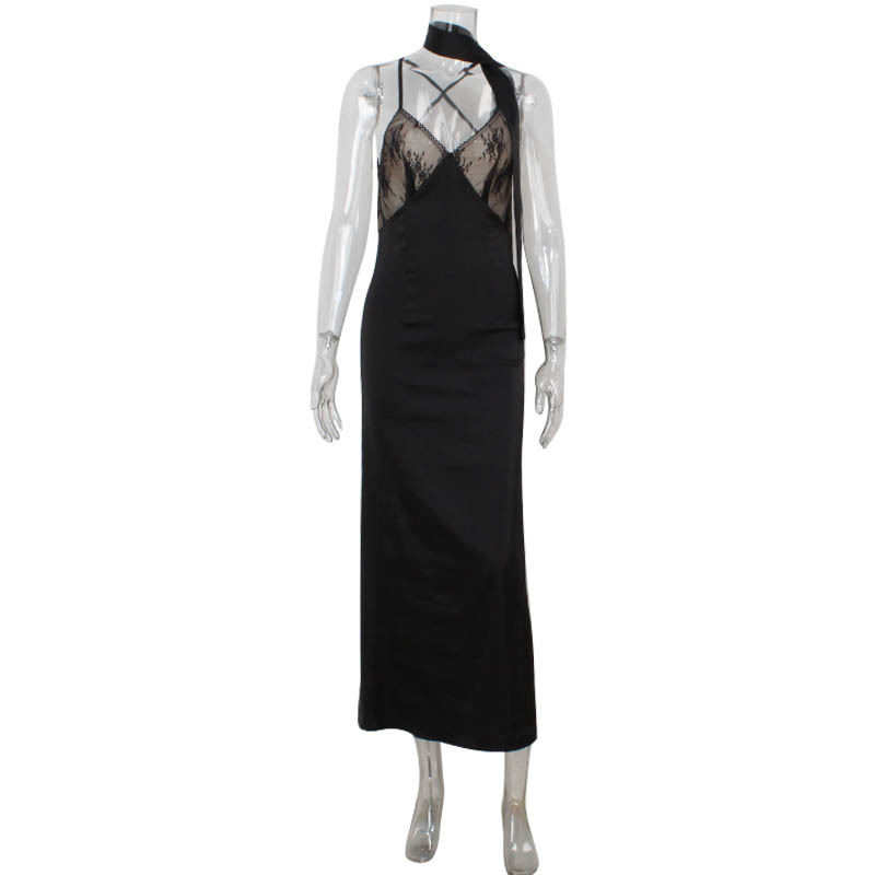 Lace Panel V-Neck Open Back Evening Gown with Detachable Scarf – Elegant Long Sleeveless Dress for Banquet, Red Carpet & Formal Events