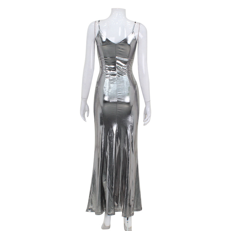 Sexy Backless Strapless Liquid Metal Shiny Silver Mermaid Gown – Glittering Evening Dress for Party, Night Club & Red Carpet Events