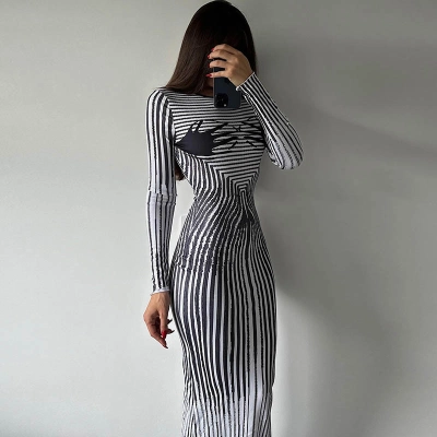 Round Neck Long Sleeve 3D Stripe Print Bodycon Dress – Flattering Slim Fit Dress for Office, Date & Everyday Wear 02