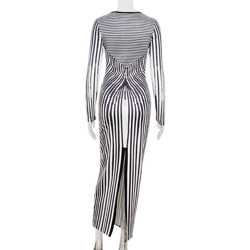 Round Neck Long Sleeve 3D Stripe Print Bodycon Dress – Flattering Slim Fit Dress for Office, Date & Everyday Wear