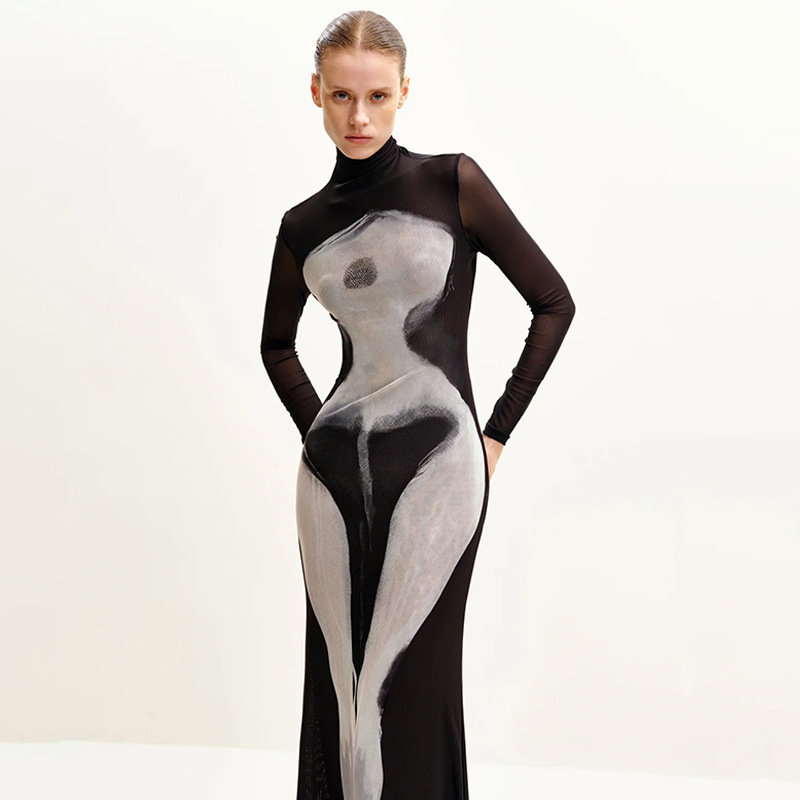 Black Slim Fit 3D Print Long Sleeve Mesh Dress – Elegant Evening Gown for Parties, Dinners & Dates