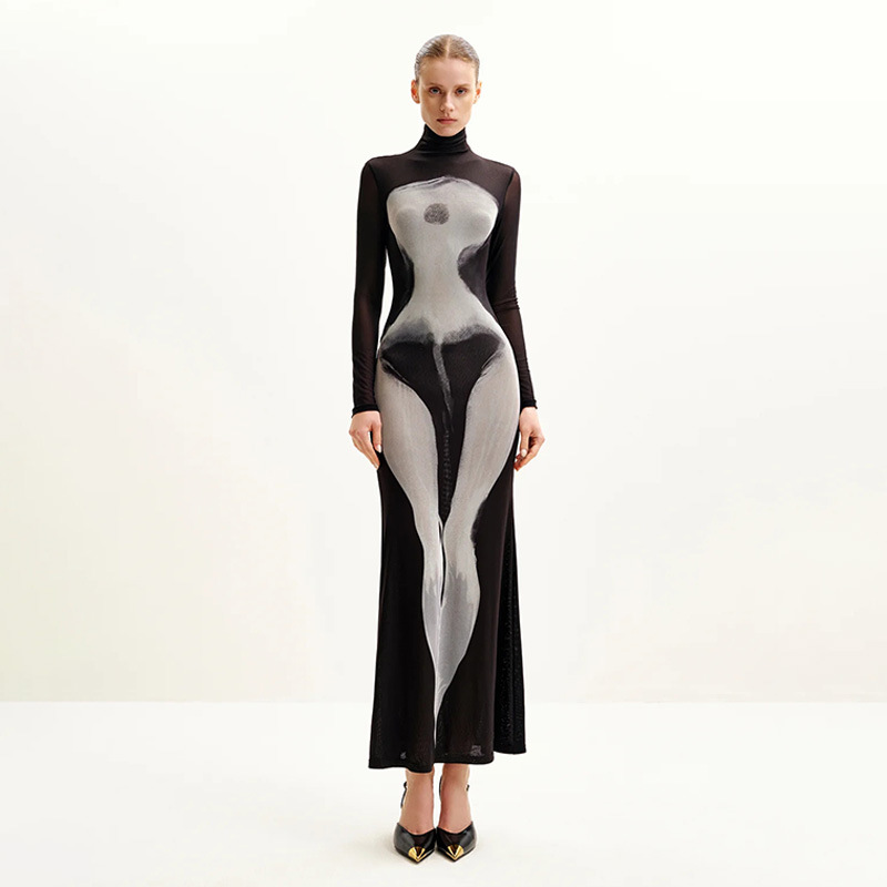 Black Slim Fit 3D Print Long Sleeve Mesh Dress – Elegant Evening Gown for Parties, Dinners & Dates