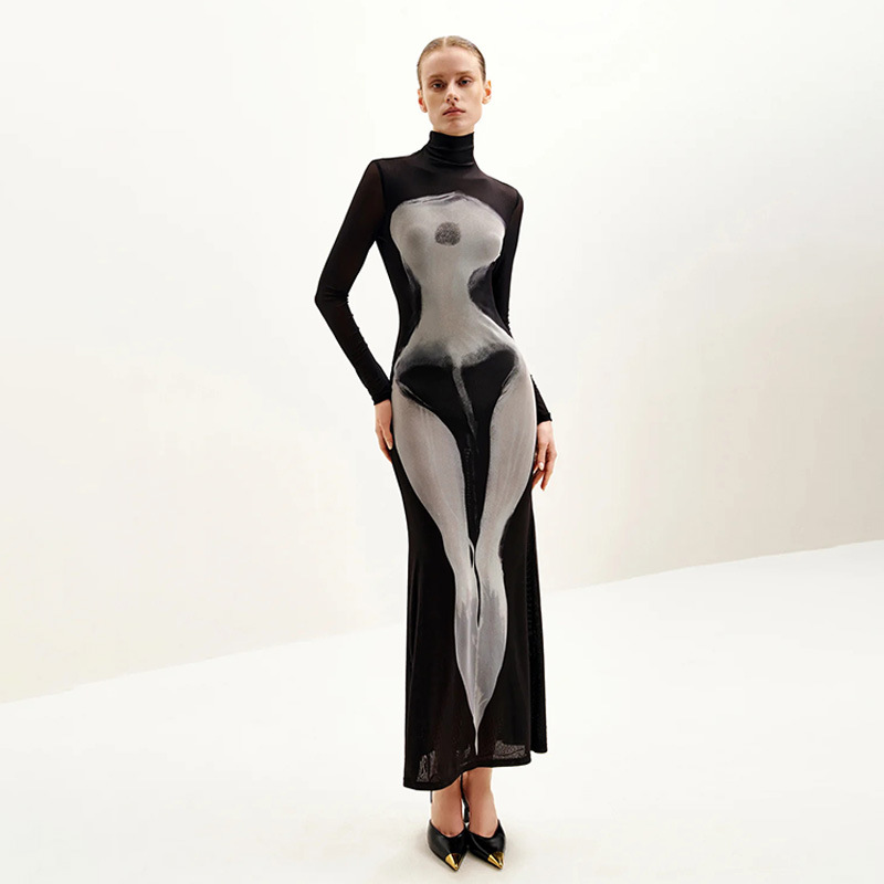 Black Slim Fit 3D Print Long Sleeve Mesh Dress – Elegant Evening Gown for Parties, Dinners & Dates