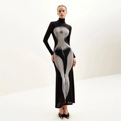 Black Slim Fit 3D Print Long Sleeve Mesh Dress – Elegant Evening Gown for Parties, Dinners & Dates 01
