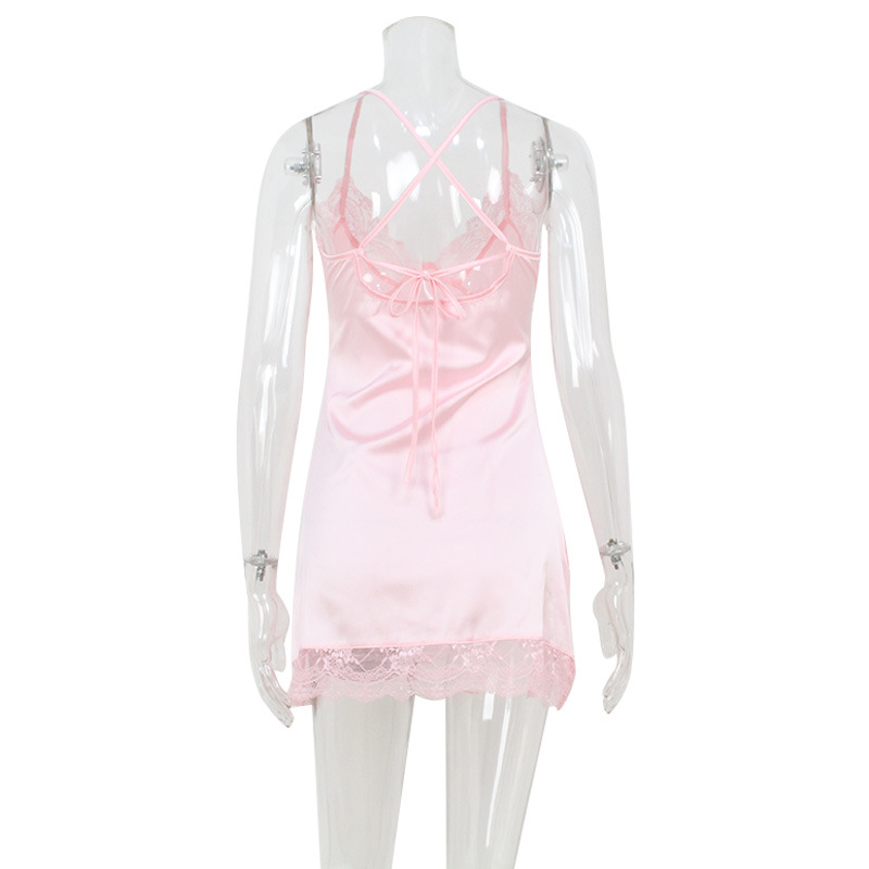 V-Neck Lace Trim Satin Slip Dress Pink Pure Seduction Style Sleepwear – Sexy & Comfortable Women’s Nightwear for Home, Date Prep & Photo Shoot