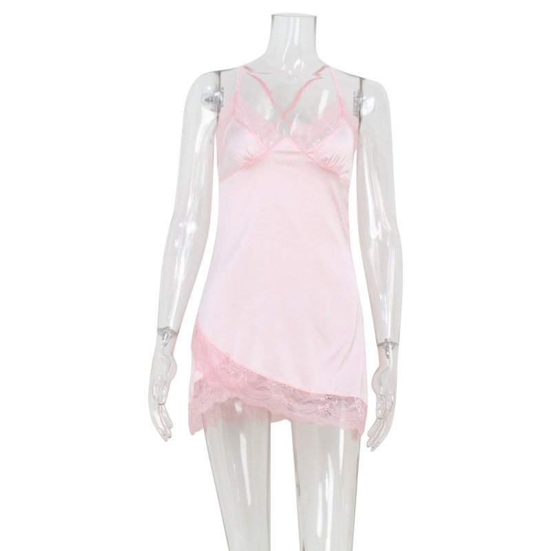 V-Neck Lace Trim Satin Slip Dress Pink Pure Seduction Style Sleepwear – Sexy & Comfortable Women’s Nightwear for Home, Date Prep & Photo Shoot