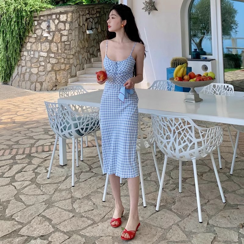French Chic Gingham Strapless Midi Dress – Elegant & Seductive Women’s Summer Dress for Vacation, Date & Photo Shoot
