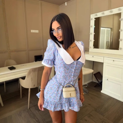 Sweet Floral Print Peter Pan Collar Single Button Trim Lace Trim Mini Dress – Spring Summer Cute Casual Outfit  01